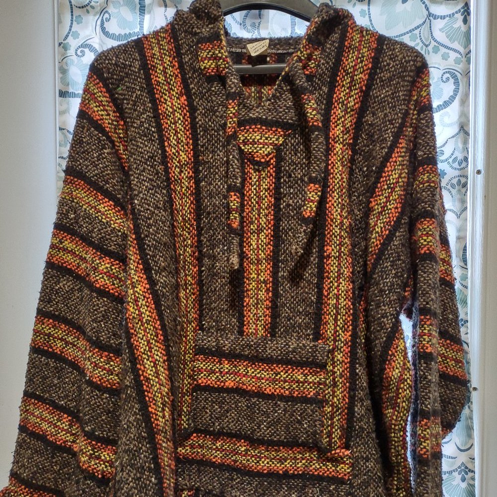 CENTRO COBIJERO DE TLAXLA EARTH TONE RASTA WOVEN BLANKET STYLE PULLOVER XXL